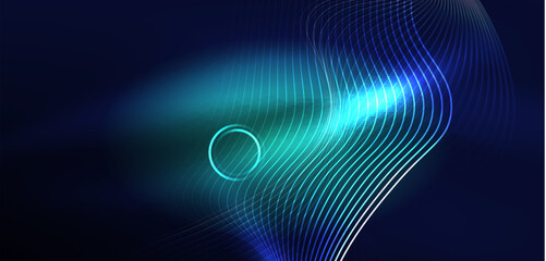 Neon laser lines, circles waves abstract background. Neon light or laser show, electric impulse, power lines, techno quantum energy impulse, magic glowing dynamic lines