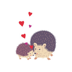 Cute mother hedgehog kissing her baby flat cartoon vector illustration isolated.