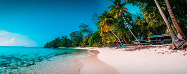 tropical paradise beach with white sand and coco palms travel tourism wide panorama background concept, generative aix