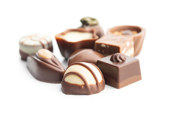 Sweet chocolate pralines.  Tasty chocolate truffles isolated on white background.