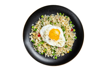 Fried rice with chicken, egg and vegetables in a plate.  Isolated, transparent background.