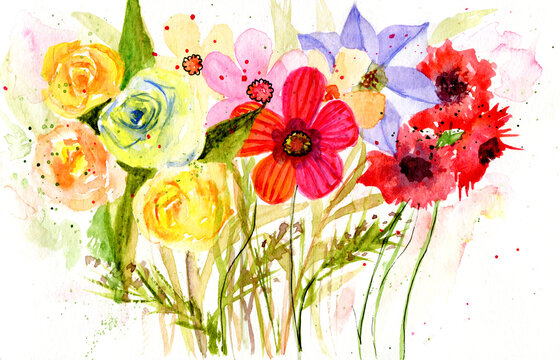 Sfondo florale bouquet di fiori misti, illustrazione ad acquerello