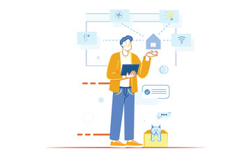 Concept Smart home with people scene in the flat cartoon style. A man manages his house with the help of an application on a tablet. Vector illustration.