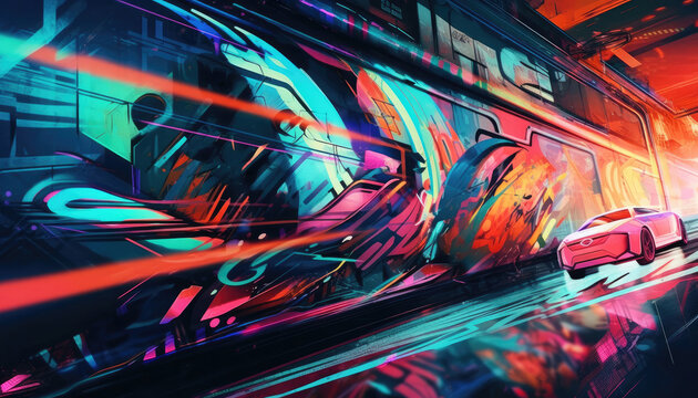 new neon cyberpunk wall art graffiti concept background, Generative AI © ABUATOP