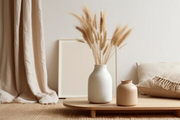 Fototapeta na wymiar vase with dry grass on an old wooden tray in living room. Scandinavian interior. Generative ai
