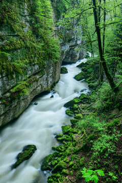 Switzerland, Neuchatel Canton, Long exposure of Areuse river flowing through canyon