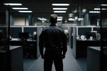 Security Guard In Black Stands With His Back To Defocused Office Cubicles. Generative AI