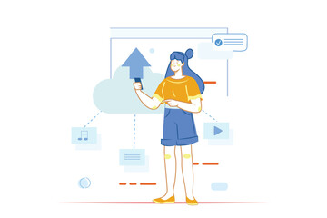 Cloud service concept with people scene in the flat cartoon design. The woman uploaded all the files to the cloud storage. Vector illustration.
