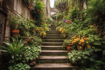 Stairs Covered In Vibrant Plants And Flowers, Symbolizing Growth And Rejuvenation. Generative AI