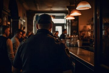 The Guard Stands With His Back To The Unfocused Bar With People. Generative AI