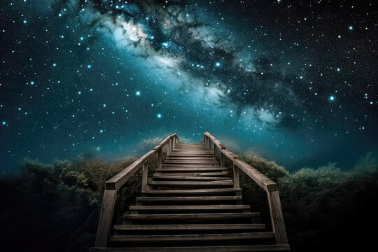 Stairs Ascending Towards Starry Night Sky, Symbolizing Dreams And Aspirations. Generative AI