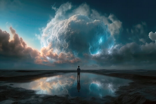 A Man Stands On The Water Against The Background Of A Gloomy Sky. Generative AI