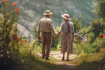 Naklejka na ściany i meble elderly happy couple holding hands walking in nature. Generative AI