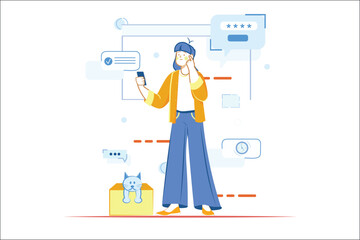 Concept Mobile organizer with people scene in the flat cartoon design. The girl plans her day with the help of a mobile organizer. Vector illustration.