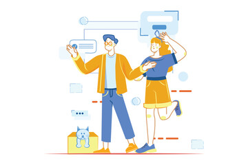 Happy people standing together concept with people scene in the flat cartoon design. A young couple is walking together and having fun. Vector illustration.