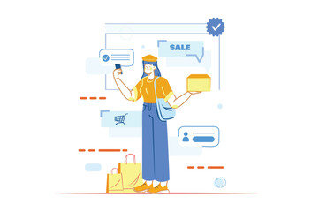 E-commerce concept with people scene in the flat cartoon style. The girl chooses new clothes and various things with discounts on the Internet. Vector illustration.