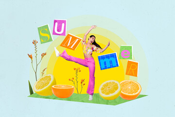 Collage artwork picture poster of crazy cheerful carefree girl dancing outdoors eating exotic fruits isolated painting background