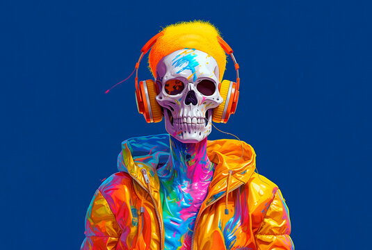 Sceleton in neon colors with headphones. Generative ai