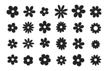 Groovy daisy flowers set. Flat black icons. Simple flower silhouette. Retro vintage style, hand drawn decorative elements. © Anna Bova