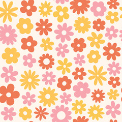 Trendy floral seamless pattern. Vintage 70s style hippie groovy daisy flowers background. Colorful bright colors. Vector retro design y2k.
