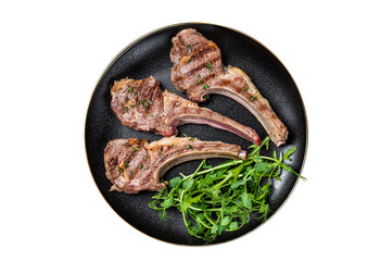 Roasted lamb meat cutlets, mutton chops with garnish.  Isolated, transparent background.