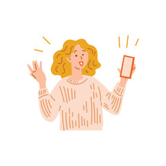 Woman excited about phone notification, flat vector illustration isolated on white background.