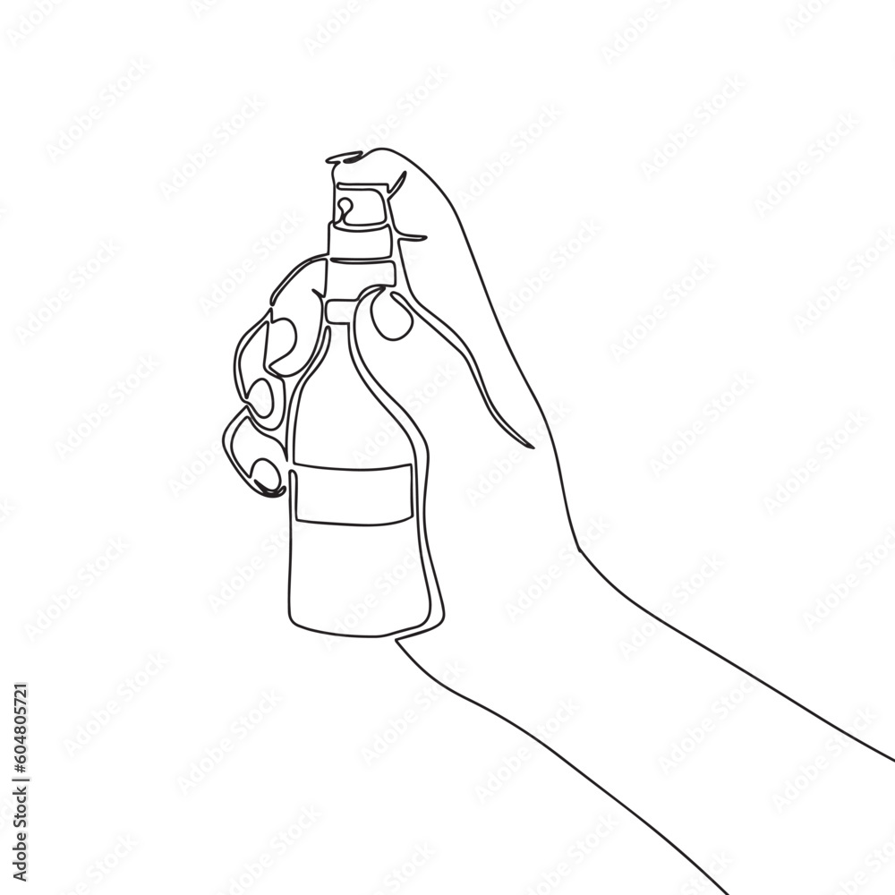 Wall mural spray bottle in hand. one line continuous cosmetic. line art, outline, single line silhouette. hand 