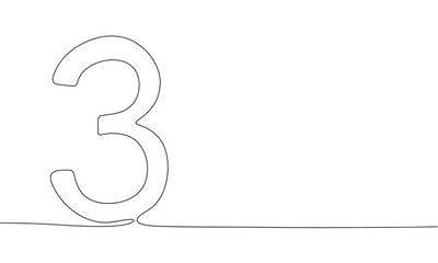 Number three. One line continuous Number 3. Line art, outline, single line silhouette. Hand drawn vector illustration. 