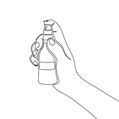 Spray bottle in hand. One line continuous cosmetic. Line art, outline, single line silhouette. Hand drawn vector illustration. 