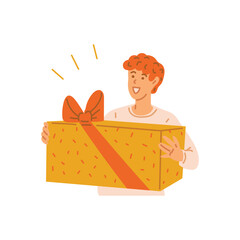 Surprised male character with huge gift box, flat vector illustration isolated.