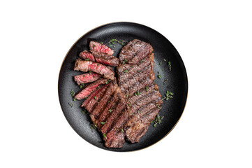 Barbecue denver strip beef meat steak on a plate.  Isolated, transparent background. - obrazy, fototapety, plakaty