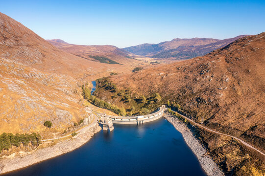 UK, Scotland, Strathpeffer, Aerial view of Monar Hydroelectric Dam and surrounding landscape