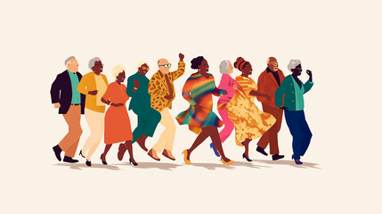 Group of happy elderly woman and man dancing together, friendship between people with different skin color, activity in a team, generative AI