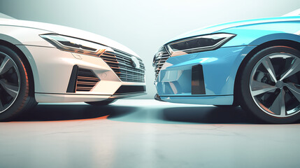 Fototapeta na wymiar Two modern cars on light gray background. Generative AI