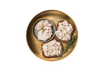Toasts with Cod liver Spread pate on a plate. Isolated, transparent background. - obrazy, fototapety, plakaty