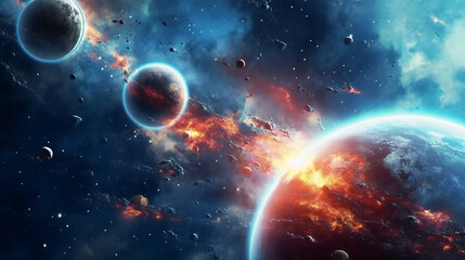 Obraz na płótnie Canvas 3d space background with fictional planets and nebu