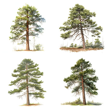 Realistic southern Pine Tree, 4 variations. AI generated.