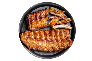 BBQ pork spare ribs St Louis with hot honey marinade in a steel tray.  Isolated, transparent background.