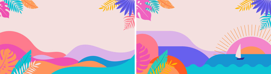 Fototapeta na wymiar Colorful Geometric Summer Landscape Background, poster, banner. Summer time fun concept design promotion design