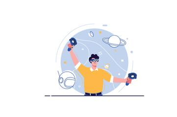 Searching for opportunities concept with people scene in the flat cartoon design. A man is looking for work opportunities on the Internet. Vector illustration.