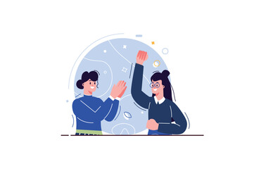 Happy people standing together concept with people scene in the flat cartoon style. Two friends spend time together and have fun. Vector illustration.