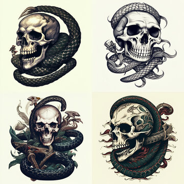 Serpent and dagger through Skull tatoo idea, 4 variations. AI generated