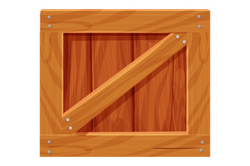 Wooden box, delivery container in cartoon style, game asset isolated on white background. Wood packing, open textured.