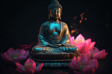 Lotus flowers and buddha statue, generative AI	
