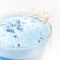 Blue matcha latte in a glass on a light white table.