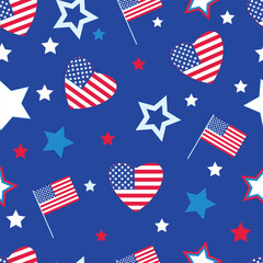 Seamless pattern with US flag and stars on dark blue background. America's Independence Day, a celebration of freedom.