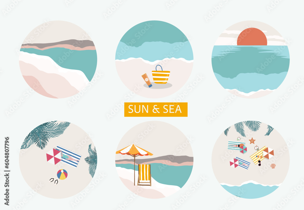 Wall mural Summer object collection with sand,sea.Vector illustration for icon,sticker,printable,postcard and invitation