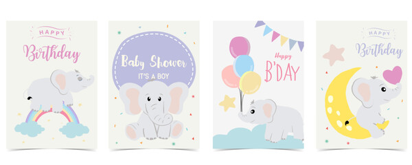 Baby elephant design with cloud, rainbow, moon for birthday postcard
