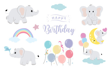 Baby elephant object with balloon, rainbow, moon for birthday postcard