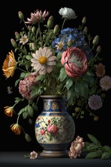 Obraz premium Flower Still Life Bouquet in Vintage Vase, Ancient Dutch Masters Imitation, Abstract Generative AI Illustration